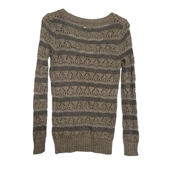 Guess Striped Wool Blend Open Knit Metallic V-Neck Sweater Taupe Gray Size Small - Picture 11 of 11